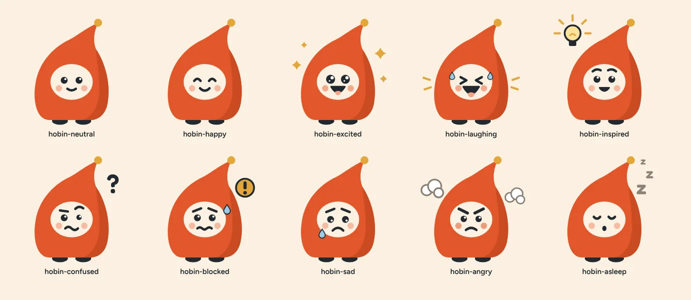 The hobin mascots in a range of moods