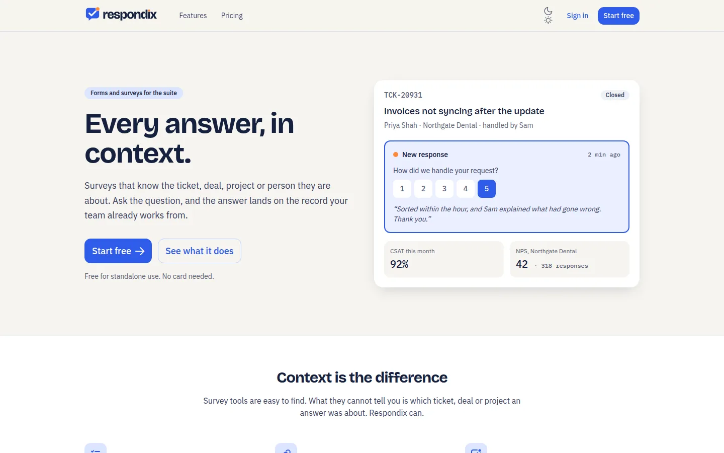 The respondix home page, with a CSAT answer landing on the support ticket it was about